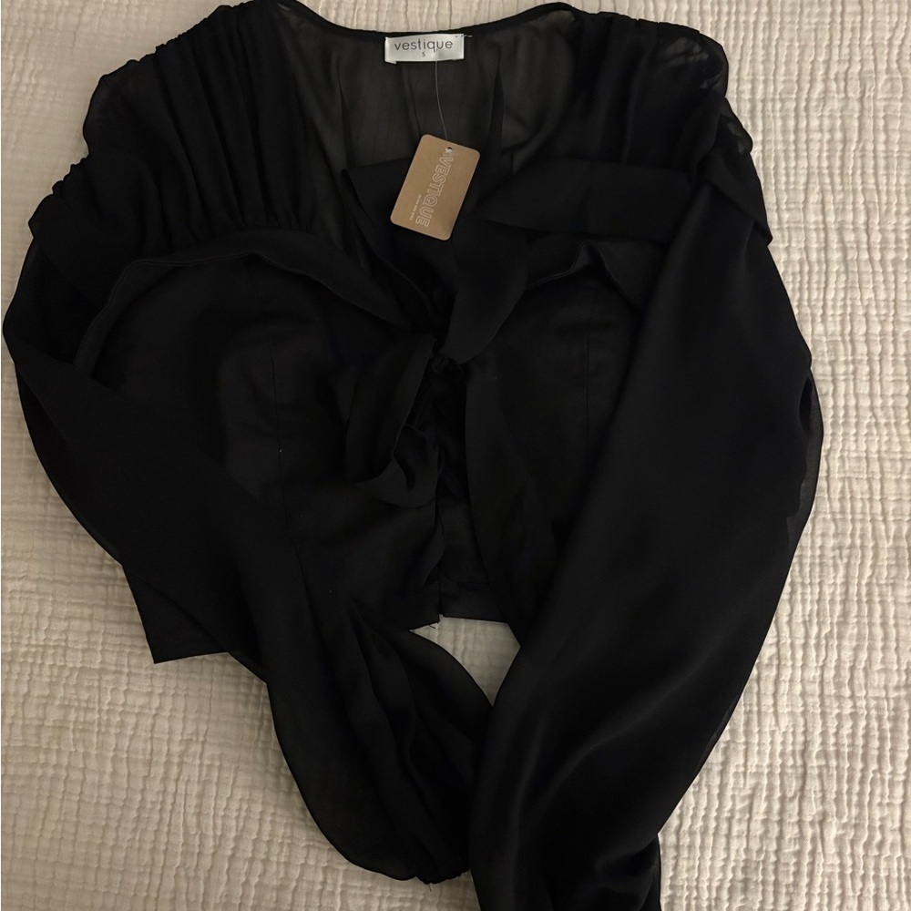 Vestique Women's Black Tie Front Long Sleeve Crop Top Size S - Picture 2 of 4